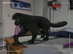 An animated cat getting drilled while consuming a fake penis